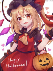 Rule 34 | 1girl, alternate color, alternate color hat, ascot, backlighting, black gloves, black hat, blonde hair, bow, breasts, candy, collared shirt, cowboy shot, english text, flandre scarlet, food, frilled gloves, frilled shirt collar, frilled skirt, frills, gloves, hair between eyes, halloween bucket, happy halloween, hat, hat bow, hat ribbon, head tilt, heart, highres, long hair, looking at viewer, mob cap, multicolored wings, one side up, puffy short sleeves, puffy sleeves, red bow, red eyes, red ribbon, red skirt, red vest, ribbon, ribbon-trimmed headwear, ribbon trim, runa (runa7733), shirt, short sleeves, simple background, skirt, skirt set, sleeve bow, small breasts, solo, touhou, vest, white background, wings, yellow ascot