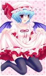 Rule 34 | 1girl, bad id, bad pixiv id, bat wings, black thighhighs, blue hair, bow, clothes lift, dress, dress lift, hat, hat bow, highres, red eyes, remilia scarlet, shimotsuki keisuke, short hair, solo, thighhighs, touhou, wings