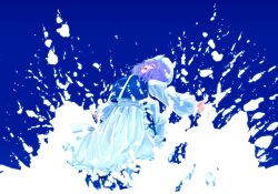 Rule 34 | 1girl, apron, blue background, blue sky, blue vest, closed eyes, cover, frilled apron, frills, highres, koyane (silver81106), letty whiterock, long sleeves, medium hair, open mouth, outstretched arms, puffy long sleeves, puffy sleeves, sky, snow, snowing, solo, spread arms, touhou, triangular headpiece, vest, waist apron
