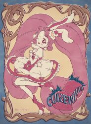Rule 34 | 1girl, ;d, aji fry, animal ears, bow, cake, cake hair ornament, choker, commentary request, cure whip, dress, earrings, extra ears, food, food-themed hair ornament, food-themed ornament, gloves, hair ornament, highres, jewelry, kirakira precure a la mode, long hair, magical girl, one eye closed, open mouth, pink choker, pink corset, pink eyes, pink footwear, pink hair, pom pom (clothes), pom pom earrings, precure, rabbit ears, smile, solo, strawberry shortcake, twintails, usami ichika