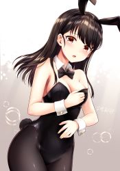 Rule 34 | 1girl, absurdres, animal ears, bare shoulders, black hair, black leotard, black pantyhose, blush, bow, bowtie, breasts, cleavage, commentary request, covered navel, cowboy shot, detached collar, fake animal ears, fake tail, gradient background, hairband, highres, leotard, long hair, looking at viewer, medium breasts, omoomomo, open mouth, original, pantyhose, playboy bunny, rabbit ears, rabbit tail, red eyes, signature, solo, standing, sweat, tail, wrist cuffs