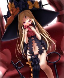 Rule 34 | 1girl, abigail williams (fate), abigail williams (second ascension) (fate), black hat, black panties, blonde hair, blush, bow, box, commentary request, covered mouth, fate/grand order, fate (series), gift, gift box, hair bow, hat, hat bow, heart, heart-shaped pillow, indoors, key, keyhole, large hat, long hair, looking at viewer, multiple hair bows, navel, orange bow, panties, pillow, pink eyes, polka dot, polka dot bow, polka dot box, revealing clothes, solo, stuffed animal, stuffed toy, teddy bear, totororo, underwear, window, witch hat