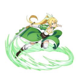 Rule 34 | 1girl, blonde hair, boots, bracelet, breasts, brown footwear, choker, cleavage, closed mouth, collarbone, detached sleeves, earrings, floating hair, frown, full body, green eyes, hair between eyes, hair ornament, highres, holding, holding sword, holding weapon, jewelry, knee boots, large breasts, leafa, long hair, long sleeves, looking at viewer, official art, ponytail, running, shorts, solo, sword, sword art online, thighhighs, transparent background, very long hair, weapon, white shorts, white sleeves, white thighhighs, zettai ryouiki