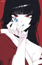 Rule 34 | 1girl, alternate nail color, bare shoulders, black choker, black hair, blue nails, blunt bangs, choker, closed mouth, eyes visible through hair, hand on own face, highres, hime cut, ichihara yuuko, j.k., limited palette, long hair, looking at viewer, nail polish, off shoulder, red background, red eyes, signature, simple background, smile, solo, tsurime, xxxholic