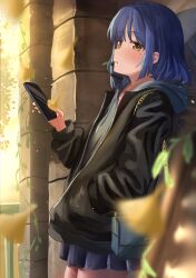 Rule 34 | 1girl, against wall, bag, black jacket, blue hair, blush, bocchi the rock!, chain, gold chain, hair ornament, hairclip, hand in pocket, highres, holding, holding phone, hood, hoodie, jacket, kirinagi35, looking at viewer, mole, mole under eye, mouth hold, phone, school uniform, shoulder bag, stalk in mouth, standing, yamada ryo, yellow eyes