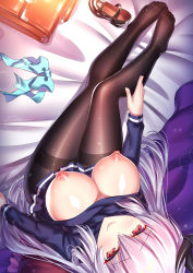 Rule 34 | 1girl, alternate costume, black pantyhose, blue shirt, breasts, clothes lift, dragon girl, dragon horns, fate/grand order, fate (series), from above, grey hair, horns, iro ame (amewaagada), kiyohime (fate), kiyohime (third ascension) (fate), large breasts, long hair, long sleeves, multiple horns, nipples, pantyhose, red eyes, shirt, shirt lift, solo, thighband pantyhose, traditional media, watercolor pencil (medium)