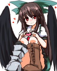 Rule 34 | asymmetrical footwear, bird wings, black wings, boots, bow, brown hair, collared shirt, commentary, frilled shirt collar, frilled skirt, frills, green bow, green skirt, hair bow, heart, heart hands, long hair, looking at viewer, mismatched footwear, misoshiru (meridianchild312), on ground, one-hour drawing challenge, puffy sleeves, red eyes, reiuji utsuho, shirt, short sleeves, single boot, sitting, skirt, smile, solo, third eye, touhou, white background, white shirt, wings