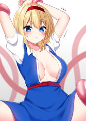 Rule 34 | 1girl, alice margatroid, arms up, blonde hair, blue dress, blue eyes, blurry, blush, bound, bound wrists, breasts, depth of field, dress, frown, hair between eyes, hairband, highres, large breasts, medium breasts, medium hair, red hairband, sash, shinonome asu, short sleeves, simple background, spread legs, tentacles, touhou, white background