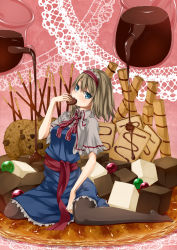 Rule 34 | 1girl, alice margatroid, black pantyhose, blonde hair, blue eyes, candy, capelet, chocolate, chocolate heart, cookie, female focus, food, full body, hairband, heart, highres, pantyhose, pocky, short hair, sitting, solo, touhou, unasaka ryou, wafer stick