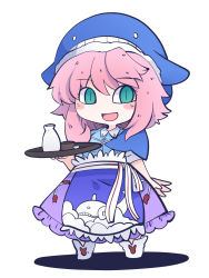 Rule 34 | 1girl, animal ears, animal print, belt, blue hat, blue shirt, blush, blush stickers, boots, breasts, chahan (fried rice0614), chibi, collared shirt, cup, fish print, full body, green eyes, hair between eyes, hand up, hat, highres, looking to the side, medium breasts, okunoda miyoi, one-hour drawing challenge, open mouth, pink hair, purple skirt, rabbit ears, rabbit print, shadow, shirt, short hair, short sleeves, simple background, skirt, smile, solo, standing, tongue, touhou, tray, whale hat, whale print, white background, white belt, white footwear