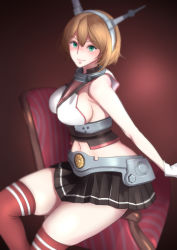 Rule 34 | 10s, 1girl, arms at sides, bare shoulders, bifidus, blush, breasts, curvy, female focus, flipped hair, gloves, green hair, hair between eyes, headgear, kantai collection, large breasts, looking at viewer, midriff, miniskirt, mutsu (kancolle), navel, red thighhighs, short hair, sideboob, sitting, skirt, solo, thick thighs, thighhighs, thighs, white gloves, wide hips