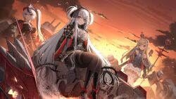 Rule 34 | 3girls, absurdly long hair, absurdres, azur lane, black dress, black hair, black hairband, black headwear, blonde hair, blue eyes, breasts, brown pantyhose, cannon, coat, coat on shoulders, cross, detached sleeves, dress, elbing (azur lane), evening, frilled hairband, frills, gloves, grey hair, hairband, heterochromia, highres, holding, holding staff, iron blood (emblem), iron cross, jeze, large breasts, long hair, long sleeves, multicolored hair, multiple girls, necktie, non-humanoid robot, pantyhose, purple eyes, queen elizabeth (azur lane), red eyes, rigging, robot, robot dragon, short necktie, staff, streaked hair, thigh strap, thighhighs, thueringen (azur lane), very long hair, white gloves, white hair