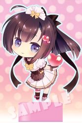 Rule 34 | 10s, 1girl, adapted costume, ahoge, akizuki (kancolle), alternate costume, blue eyes, brown hair, carnelian, chibi, colored eyelashes, corset, enmaided, full body, gradient background, hair ornament, headband, high ponytail, kantai collection, long hair, looking at viewer, maid, pleated skirt, skirt, smile, solo