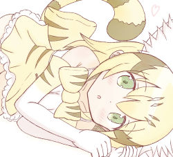 Rule 34 | 1girl, :o, animal ear fluff, animal ears, arm up, bare shoulders, black hair, blonde hair, blush, bow, bowtie, cat ears, cat girl, cat tail, commentary request, elbow gloves, gloves, green eyes, hair between eyes, hand up, heart, kemono friends, long hair, looking at viewer, lying, multicolored hair, on side, parted lips, sand cat (kemono friends), shirt, simple background, skirt, sleeveless, sleeveless shirt, solo, sunanuko (ramuneko), tail, two-tone hair, white background, white gloves, white shirt, yellow bow, yellow bowtie, yellow skirt