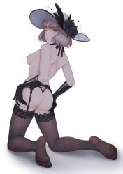 Rule 34 | 1girl, ;o, ass, black feathers, black flower, black gloves, black panties, black rose, black thighhighs, breasts, edogawa roman, feathers, feet, flower, from behind, full body, garter belt, gloves, grey hair, hands on own ass, hat, hat flower, highres, kneeling, looking at viewer, looking back, medium breasts, nipples, no shoes, one eye closed, original, panties, rose, simple background, solo, string panties, thighhighs, topless, underwear, white background, white hat, yellow eyes