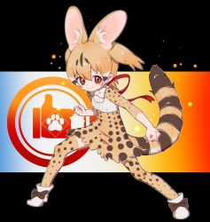 Rule 34 | 1girl, animal costume, animal ear fluff, animal ears, bow, bowtie, brown eyes, brown hair, cat ears, cat girl, cat tail, extra ears, kemono friends, kneehighs, large-spotted genet (kemono friends), long hair, looking at viewer, multicolored hair, notora, ribbon, shirt, shoes, skirt, socks, solo, tail, twintails