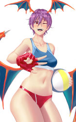 Rule 34 | 1girl, absurdres, alternate costume, ball, bikini, blue bikini, breasts, demon girl, fingerless gloves, gloves, hair between eyes, head wings, highres, holding, holding ball, lilith aensland, makitogreen, medium breasts, mismatched bikini, navel, one eye closed, open mouth, purple hair, red bikini, red gloves, red wings, shadow, short hair, simple background, smile, solo, summer, swimsuit, vampire (game), white background, wings