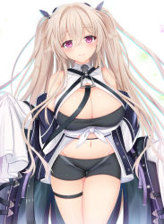 Rule 34 | 1girl, anchorage (azur lane), azur lane, bare shoulders, blue coat, breasts, cleavage, coat, crossed bangs, headgear, highres, large breasts, light brown hair, light smile, long hair, looking at viewer, micro shorts, midriff, nao (naobinarydigit), navel, neckwear between breasts, open clothes, open coat, purple eyes, shiny skin, shorts, simple background, solo, very long hair, very long sleeves, white background