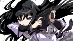 1girl akemi_homura akemi_homura_(magical_girl) black_hair finger_on_trigger gun h&amp;k_mp5k highres holding holding_gun holding_weapon long_hair magical_girl mahou_shoujo_madoka_magica purple_eyes solo submachine_gun usavivi777 weapon