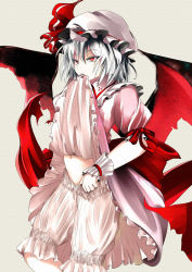 Rule 34 | 1girl, bat wings, bloomers, clothes in mouth, clothes lift, dress, dress in mouth, dress lift, female focus, hat, midriff, mouth hold, navel, red eyes, remilia scarlet, ribbon, shiina shian, short hair, silver hair, skirt, solo, touhou, underwear, wings, wrist cuffs