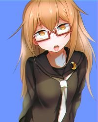 Rule 34 | 1girl, black sailor collar, black serafuku, blue background, brown eyes, brown hair, glasses, gomio (bb-k), hair between eyes, highres, kantai collection, long hair, looking at viewer, mochizuki (kancolle), neckerchief, open mouth, parted lips, red-framed eyewear, sailor collar, school uniform, serafuku, simple background, solo, tongue, upper body, white neckerchief