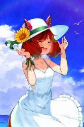 Rule 34 | 1girl, :d, ^ ^, absurdres, animal ears, bad id, bad pixiv id, bare arms, bare shoulders, blue sky, blush, brown hair, closed eyes, cloud, collarbone, commentary request, day, dress, ears through headwear, facing viewer, flower, frilled dress, frills, hands up, hat, hat flower, highres, horizon, horse ears, horse girl, huge filesize, mizusaki rain, multicolored hair, nice nature (umamusume), ocean, open mouth, outdoors, sky, sleeveless, sleeveless dress, smile, solo, streaked hair, summer, sun hat, sunflower, umamusume, water, white dress, white hat, yellow flower
