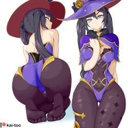 Rule 34 | 1girl, ass, bare shoulders, black hair, blue eyes, blush, breasts, cameltoe, from behind, frown, genshin impact, hat, highres, huge ass, kai-too, kneeling, leotard, long hair, looking at viewer, looking back, medium breasts, mona (genshin impact), multiple views, pantyhose, shiny clothes, thighlet, twintails, very long hair
