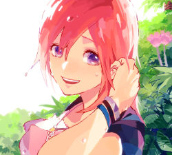 Rule 34 | 1girl, :d, breasts, hair between eyes, hand in own hair, hand up, jewelry, kairi (kingdom hearts), kingdom hearts, kingdom hearts ii, leaf, medium breasts, medium hair, necklace, open mouth, plant, purple eyes, ramochi (auti), red hair, smile, solo, teeth, upper body