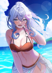 Rule 34 | 1girl, adjusting hair, ayuman, bikini, blue eyes, blue hair, blue sky, breasts, brown bikini, cleavage, cloud, gotland (kancolle), gotland andra (kancolle), hair between eyes, highres, kantai collection, large breasts, long hair, looking at viewer, mole, mole under eye, navel, ocean, official alternate costume, outdoors, ponytail, sarong, sky, smile, solo, swimsuit, wet