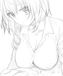 Rule 34 | 10s, 1girl, akino sora, breasts, cleavage, collarbone, covered erect nipples, greyscale, highres, large breasts, looking at viewer, monochrome, shirt, short hair, simple background, sketch, solo, upper body, white background, yahari ore no seishun lovecome wa machigatteiru., yuigahama yui