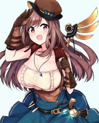 Rule 34 | 1girl, alternate costume, blue skirt, breasts, brown gloves, brown hair, brown headwear, cleavage, clenched hand, collarbone, commentary request, gloves, hand to head, hanetsuka, highres, idol, idolmaster, idolmaster shiny colors, jewelry, large breasts, long hair, necklace, open mouth, red eyes, skirt, strap, swept bangs, tsukioka kogane
