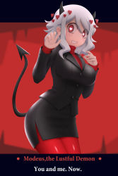 Rule 34 | 1girl, black horns, black jacket, black skirt, blush, breasts, character name, demon girl, demon horns, demon tail, english text, heart, heart-shaped pupils, helltaker, highres, horns, jacket, large breasts, long sleeves, looking at viewer, modeus (helltaker), open mouth, pantyhose, pencil skirt, red eyes, red pantyhose, red sweater, ribbed sweater, short hair, siraha, skirt, sleeves past wrists, solo, standing, sweater, symbol-shaped pupils, tail, turtleneck, white hair