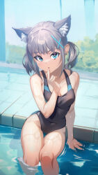 Rule 34 | 1girl, animal ear fluff, animal ears, black one-piece swimsuit, blue archive, blue eyes, breasts, competition swimsuit, covered navel, cross hair ornament, extra ears, grey hair, hair ornament, halo, highres, low ponytail, medium breasts, medium hair, mismatched pupils, multicolored clothes, multicolored swimsuit, official alternate costume, one-piece swimsuit, shiroko (blue archive), shiroko (swimsuit) (blue archive), sitting, soaking feet, solo, swimsuit, takase hiro, water, wolf ears