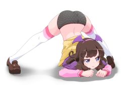 Rule 34 | 1girl, black panties, blue eyes, brown footwear, brown hair, closed mouth, commentary request, female focus, full body, hairband, jack-o&#039; challenge, kurosu aroma, long sleeves, meme, panties, pink hairband, polka dot, polka dot panties, pretty series, pripara, shoes, short hair, simple background, solo, thighhighs, top-down bottom-up, underwear, white background, white thighhighs, yonekura hisaki
