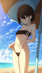 Rule 34 | 1girl, absurdres, bare arms, bare shoulders, beach, beach umbrella, black hair, black one-piece swimsuit, blue sky, breasts, closed mouth, cloud, collarbone, covered navel, day, green eyes, gris swimsuit, hair between eyes, hair ornament, hairclip, highres, horizon, jl tan, meme attire, ocean, one-piece swimsuit, original, outdoors, sand, see-through, see-through one-piece swimsuit, see-through swimsuit, sky, small breasts, smile, standing, strapless, strapless one-piece swimsuit, swimsuit, umbrella, x hair ornament