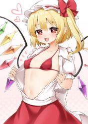 Rule 34 | 1girl, absurdres, bikini, blonde hair, crystal, flandre scarlet, hat, heart, highres, mob cap, navel, one side up, open clothes, open mouth, open shirt, pointy ears, red bikini, red eyes, red skirt, shirt, skirt, solo, suwa yasai, swimsuit, touhou, white hat, wings