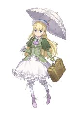 Rule 34 | 1girl, blonde hair, blue eyes, bow, braid, briefcase, chain, dress, flower, frilled dress, frilled umbrella, frills, full body, gloves, green dress, hat, hat flower, highres, long hair, looking at viewer, monica golding, official art, over shoulder, parasol, princess principal, princess principal game of mission, shoes, smile, solo, standing, transparent background, umbrella, very long hair, white bow, white footwear, white gloves, white hat, white legwear, white umbrella