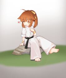 Rule 34 | 1girl, :p, ahoge, barefoot, belt, black belt, bright pupils, brown hair, chinese commentary, commentary request, dougi, feet, full body, grass, grey background, heart, highres, kuma-bound, martial arts belt, medium hair, original, pants, rock, sitting, sitting on rock, solo, spoken heart, toes, tongue, tongue out, white pants, white pupils, yellow eyes