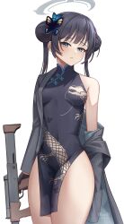 Rule 34 | 1girl, absurdres, arm out of sleeve, black coat, black dress, black hair, blue archive, blunt bangs, butterfly hair ornament, china dress, chinese clothes, coat, commentary request, cs/ls06, double bun, dress, grey eyes, gun, hair bun, hair ornament, halo, highres, holding, holding gun, holding weapon, jisas, kisaki (blue archive), long hair, long sleeves, looking at viewer, open clothes, open coat, pelvic curtain, side slit, sidelocks, simple background, sleeveless, sleeveless dress, sleeveless turtleneck, solo, turtleneck, turtleneck dress, twintails, weapon, white background