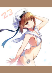 Rule 34 | 1girl, arm behind head, ass, bikini, black ribbon, blush, bow, breasts, brown eyes, brown hair, closed mouth, collarbone, hand on own head, hat, hat bow, hat ribbon, huyukaaki, kantai collection, looking at viewer, ribbon, sailor bikini, sailor collar, short hair, side-tie bikini bottom, small breasts, smile, solo, standing, striped, striped bow, swimsuit, white background, white bikini, white bow, white hat, white sailor collar, z3 max schultz (kancolle)
