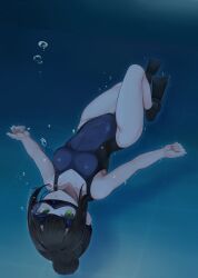 Rule 34 | 1girl, absurdres, black hair, blue one-piece swimsuit, breasts, commentary request, commission, competition swimsuit, covered navel, diving mask, flippers, freediving, goggles, green eyes, hair bun, hamaguchi ayame, highres, holding breath, idashige (walkietalkie), idolmaster, idolmaster cinderella girls, long hair, looking at viewer, one-piece swimsuit, pixiv commission, single hair bun, small breasts, solo, swimsuit, underwater