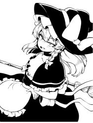 Rule 34 | 1girl, absurdres, apron, bow, braid, breasts, broom, capelet, cleavage, frilled hat, frills, hand on own hip, hat, hat bow, high contrast, highres, himajin noizu, holding, holding broom, kirisame marisa, long hair, medium breasts, open mouth, side braid, simple background, single braid, solo, touhou, waist apron, witch hat