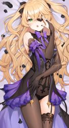 Rule 34 | 1girl, arm up, armpits, arms up, asymmetrical legwear, bare shoulders, black gloves, black nails, black pantyhose, black thighhighs, blonde hair, blush, bodystocking, bow, bowtie, breasts, commentary, dakimakura (medium), elbow gloves, eyepatch, feathers, feet out of frame, female focus, fingernails, fischl (genshin impact), garter straps, genshin impact, gloves, green eyes, hair over one eye, highres, long hair, looking at viewer, lying, medium breasts, nail polish, on back, open mouth, pantyhose, parted lips, purple bow, purple bowtie, reiji-rj, single leg pantyhose, single thighhigh, solo, thighhighs, thighs, two side up, ||/