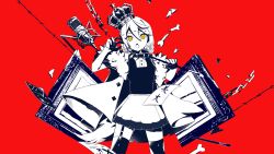Rule 34 | 1girl, barbed wire, breasts, broken, broken bone, broken chain, cape, chain, collared shirt, commentary request, cookie (touhou), crown, feet out of frame, fur cape, garter straps, gloves, hair between eyes, half gloves, highres, holding, holding leash, king (vocaloid), kirisame marisa, leash, looking at viewer, microphone, nekochan25250, open mouth, painting (object), partially colored, red background, shirt, short hair, skirt, small breasts, solo, thighhighs, touhou, uzuki (cookie), vest, vocaloid, yellow eyes
