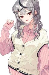 Rule 34 | 1girl, absurdres, alternate costume, black hair, blush, breasts, buttons, casual, collared shirt, commentary, cowboy shot, ear piercing, earclip, grey hair, hair ornament, hairclip, highres, hololive, long hair, looking at viewer, multicolored hair, nail polish, open mouth, piercing, pink shirt, red eyes, red nails, sakamata chloe, shirt, simple background, sleeves past wrists, small breasts, smile, solo, standing, striped clothes, striped shirt, tagosaku (tatsukiuma0329), two-tone hair, two side up, vertical-striped clothes, vertical-striped shirt, vest, virtual youtuber, wavy hair, white background, wing collar, x hair ornament, yellow vest