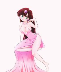 Rule 34 | 1girl, bare shoulders, breasts, brown hair, cleavage, covered navel, dress, earrings, green eyes, hair ornament, highres, jewelry, kme, kuonji ukyou, large breasts, necklace, pink dress, ranma 1/2, side slit, simple background, solo, white background