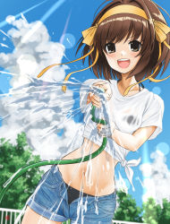 Rule 34 | 1girl, absurdres, black panties, blue shorts, blue sky, blush, brown eyes, brown hair, cloud, commentary request, day, fence, hair ribbon, hairband, highres, holding, holding hose, hose, looking at viewer, nao suke, navel, open fly, open mouth, outdoors, panties, ribbon, shirt, short hair, short shorts, short sleeves, shorts, sky, smile, solo, standing, suzumiya haruhi, suzumiya haruhi no yuuutsu, teeth, tied shirt, tree, underwear, water, wet, wet clothes, white shirt, yellow hairband, yellow ribbon