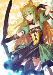 Rule 34 | 1girl, :d, ahoge, animal ears, arrow (projectile), atalanta (fate), black thighhighs, bow (weapon), breasts, cat ears, cat tail, fate/apocrypha, fate/grand order, fate (series), garter straps, gauntlets, green eyes, highres, holding, ibuki notsu, long hair, looking at viewer, open mouth, pleated skirt, puffy short sleeves, puffy sleeves, short sleeves, skirt, small breasts, smile, solo, tail, thighhighs, weapon