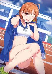 Rule 34 | 1girl, ;d, absurdres, ahoge, blue jacket, blue sky, cloud, commentary request, crop top, day, highres, jacket, jacket on shoulders, knees together feet apart, legs, looking at viewer, love live!, love live! sunshine!!, midriff, navel, one eye closed, open mouth, orange hair, outdoors, red eyes, short hair, shorts, sitting, sky, smile, solo, takami chika, yamaori (yamaorimon), yellow footwear