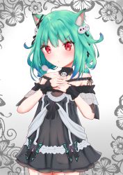 Rule 34 | 1girl, absurdres, animal ears, black dress, butterfly background, cat ears, cat girl, cowboy shot, detached collar, dress, garter straps, ghost hair ornament, green hair, hair ornament, highres, hololive, low twintails, matcha amigo, o3o, red eyes, solo, twintails, uruha rushia, uruha rushia (3rd costume), virtual youtuber, wrist cuffs